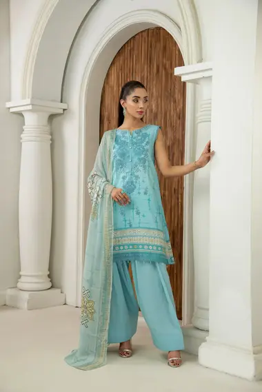 Unstitched Embroidered Lawn Suit | Maharukh D-09 by SANAM SAEED, CornflowerBlue