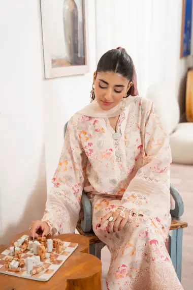 Unstitched Embroidered Lawn Suit | D-03 by SANAM SAEED, Beige