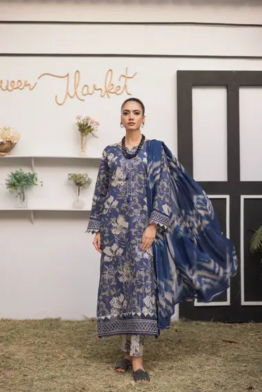 Unstitched Embroidered Lawn Suit | D-07 by SANAM SAEED, Blue