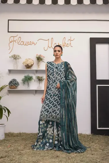Unstitched Embroidered Lawn Suit | D-05 by SANAM SAEED, DarkGreen