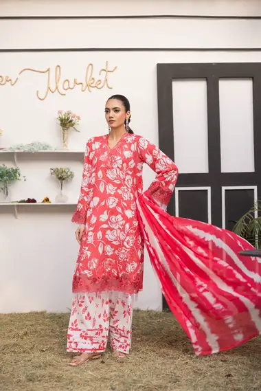 Unstitched Embroidered Lawn Suit | D-09 by SANAM SAEED, Red