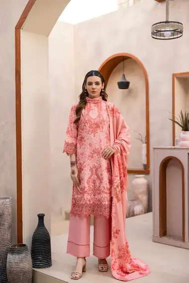 Unstitched Embroidered Dhanak Suit  | D01 by SANAM SAEED, peachpink