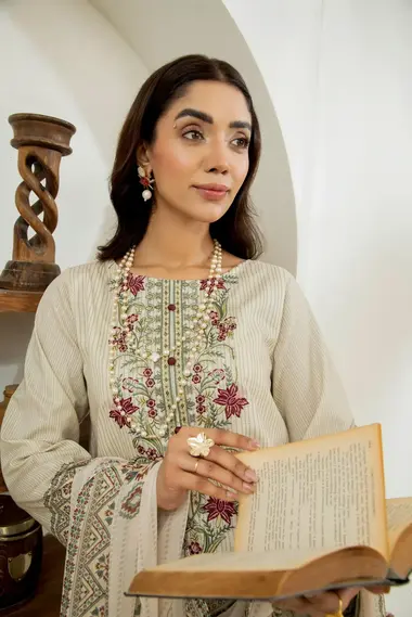 Unstitched Embroidered Lawn Suit | Maharukh D-07 by SANAM SAEED, Beige