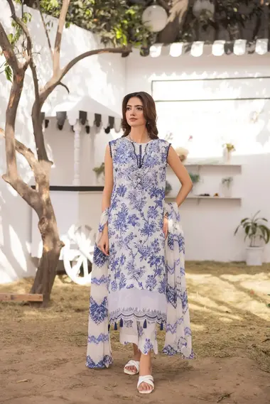 Unstitched Embroidered Lawn Suit | D-09 by SANAM SAEED, GhostWhite