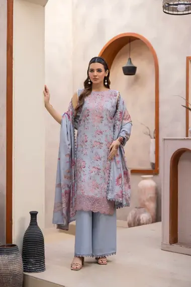 Unstitched Embroidered Dhanak Suit  | D08 by SANAM SAEED, CornflowerBlue