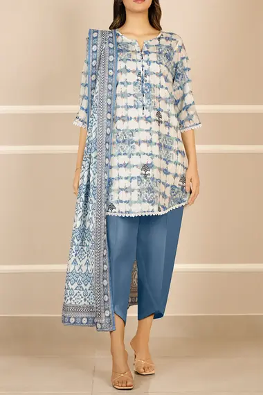 Unstitched Printed Suit | U01-25282-05A by SAYA, CornflowerBlue