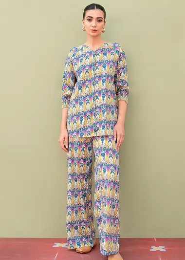 printed lawn shirt with printed lawn trouser by sahar, Blue