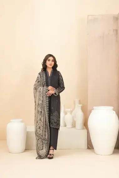 Unstitched Embroidered Lawn Suit | D-1118 by TAWAKKAL, Black