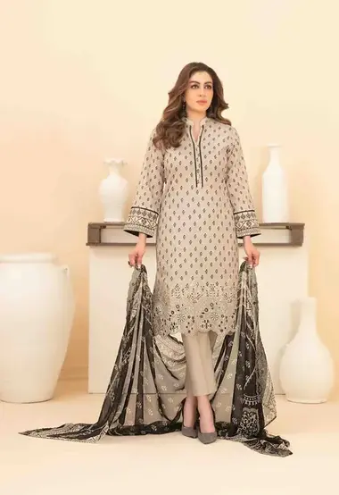 Unstitched Embroidered Lawn Suit | D-1117 by TAWAKKAL, Beige