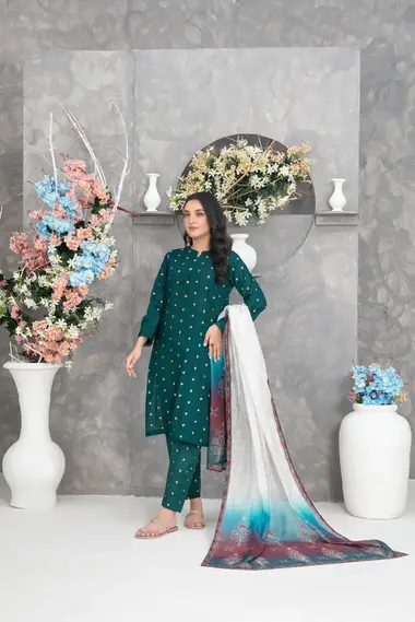 Stitched Embroidered Suit | D-3274 by TAWAKKAL, DarkGreen