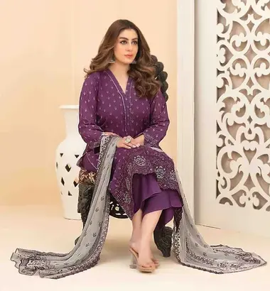 Unstitched Embroidered Lawn Suit | D-1113 by TAWAKKAL, Purple