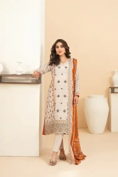 Unstitched Embroidered Lawn Suit | D-1111 by TAWAKKAL, Beige