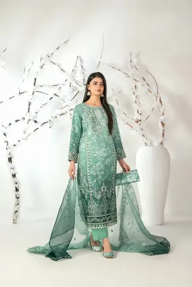 Stitched Fancy Embroidered Organza | D-5131 - Ishq by TAWAKKAL, SeaGreen