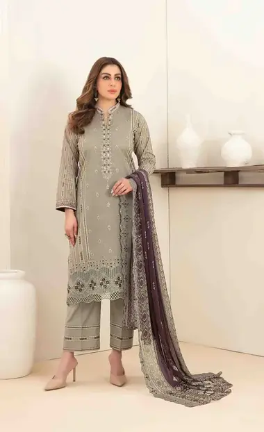 Unstitched Embroidered Lawn Suit | D-1114 by TAWAKKAL, DarkGray