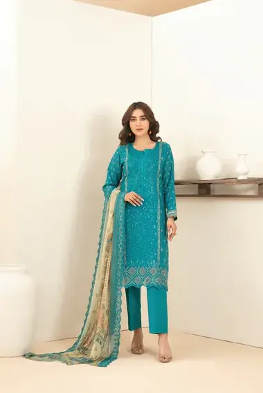 Unstitched Embroidered Lawn Suit | D-1120 by TAWAKKAL, SteelBlue