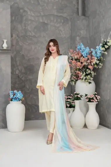 Stitched Embroidered Suit | D-3272 by TAWAKKAL, AntiqueWhite