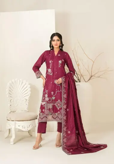 Stitched Embroidered Viscose Jacquard |  D-5368 - Maeri by TAWAKKAL, DarkRed