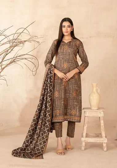 Unstitched Printed Khaddar | D-5300 by TAWAKKAL, SaddleBrown