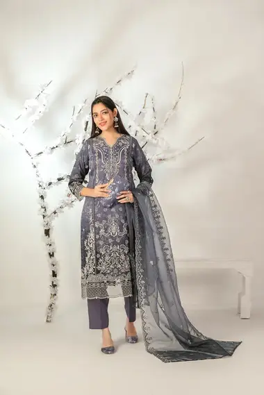 Stitched Fancy Embroidered Organza | D-5136 - Ishq by TAWAKKAL, DimGrey