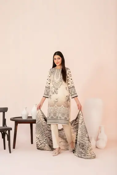 Embroidered Digital Printed Lawn | D-3210 - Jahzara Vol-2 by TAWAKKAL, Beige