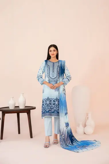 Embroidered Digital Printed Lawn | D-3214 - Jahzara Vol-2 by TAWAKKAL, Blue