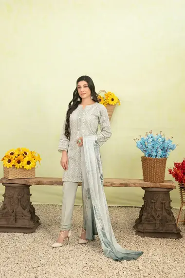 Stitched Breeza Embroidered Suit | D-2923 by TAWAKKAL, DarkGray