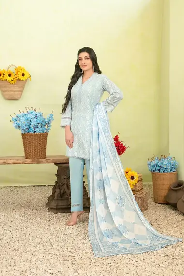 Stitched Breeza Embroidered Suit | D-2920 by TAWAKKAL, LightSkyBlue