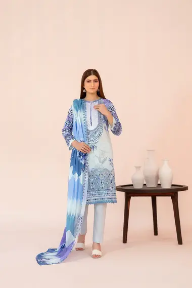 Embroidered Digital Printed Lawn | D-3213 - Jahzara Vol-2 by TAWAKKAL, LightBlue