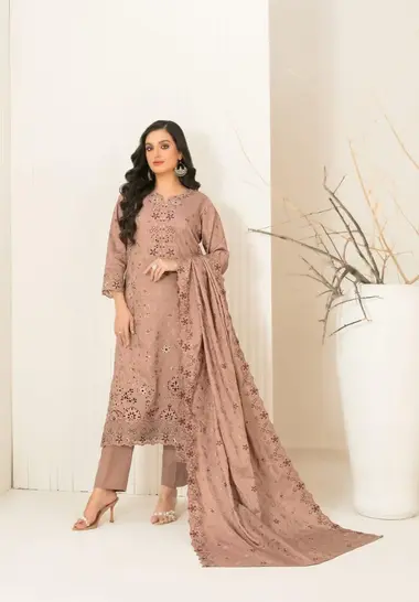 Stitched Embroidered Viscose Jacquard | D-5366 - Maeri by TAWAKKAL, SandyBrown