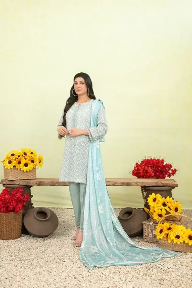 Stitched Breeza Embroidered Suit | D-2921 by TAWAKKAL, LightSkyBlue