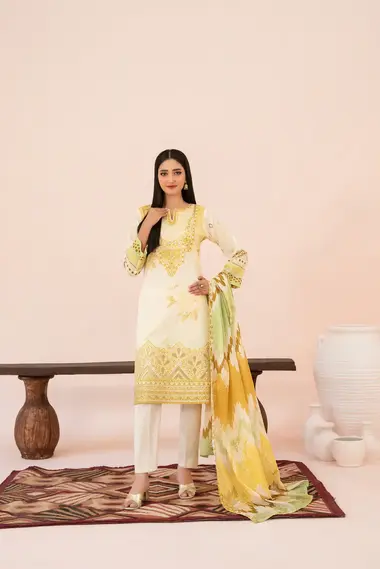 Embroidered Digital Printed Lawn | D-3209 - Jahzara Vol-2 by TAWAKKAL, Bisque