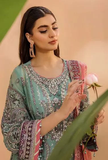 Hand Embellished Chiffon Shirt Ready To Wear Chiffon Dupatta by ZA Clothes, Green