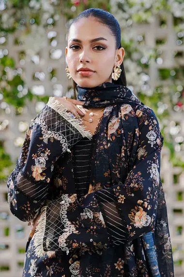 Unstitched Embroidered Lawn Suit | WUS25E30816 by ZELLBURY, Black