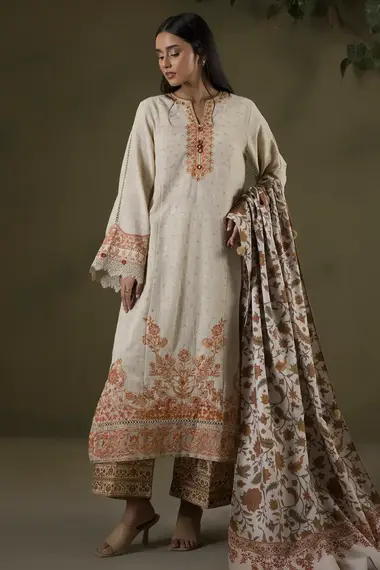 Dyed Unstitched Embroidered Suit | WUW25E30235 by ZELLBURY, Beige