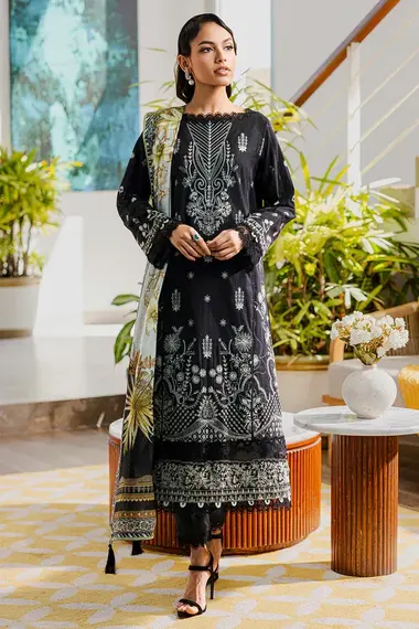 Unstitched Embroidered Lawn Suit | WUS25E30801 by ZELLBURY, Black