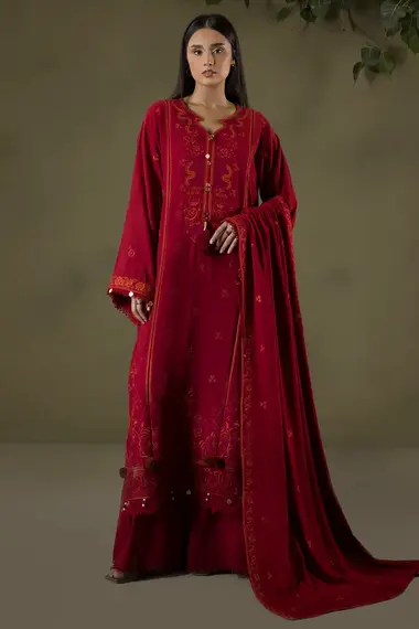 Dyed Unstitched Embroidered Suit | WUW25E30243 by ZELLBURY, DarkRed