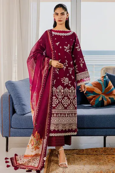 Unstitched Embroidered Lawn Suit | WUS25E30810 by ZELLBURY, Red