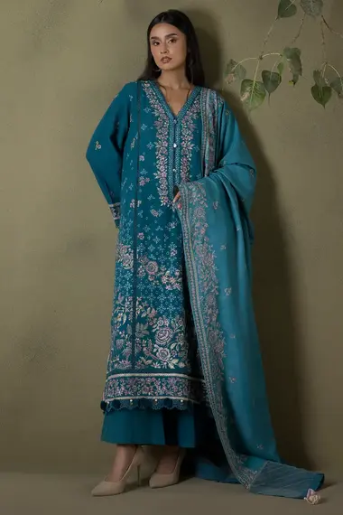Dyed Unstitched Embroidered Suit | WUW25E30242 by ZELLBURY, DarkCyan