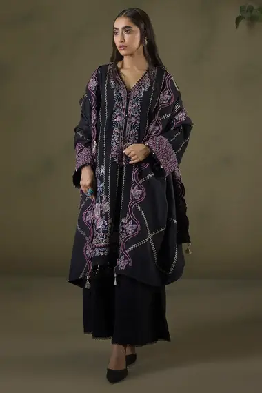 Dyed Unstitched Embroidered Suit | WUW25E30244 by ZELLBURY, Black