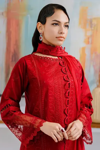 Unstitched Embroidered Lawn Suit | WUS25E30802 by ZELLBURY, Red