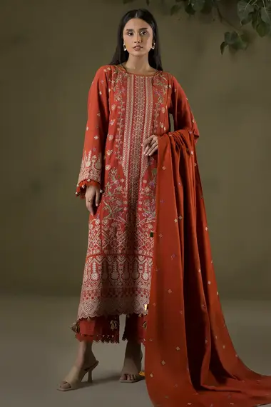 Dyed Unstitched Embroidered Suit | WUW25E30241 by ZELLBURY, OrangeRed
