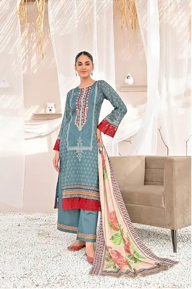 digital printed embroidered lawn shirt with digital printed cutwork lawn dupatta by zesh textile, CadetBlue