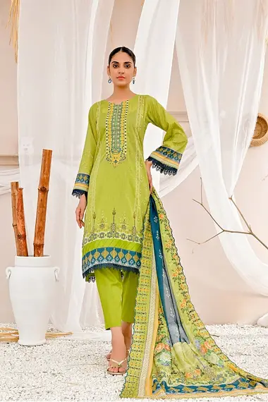 digital printed embroidered lawn shirt with digital printed cutwork lawn dupatta by zesh textile, GreenYellow