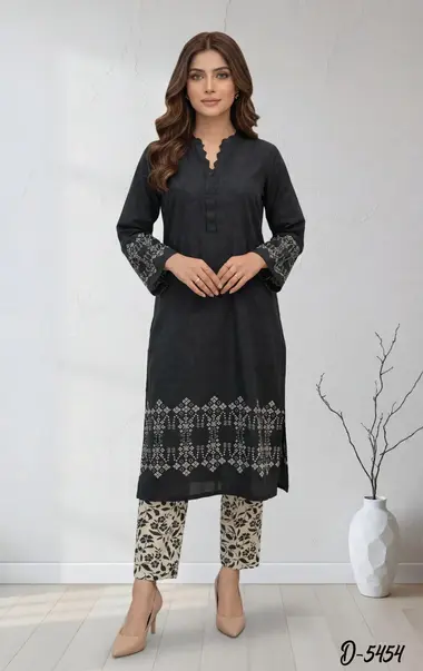 Gulzar Vol2 Stitched Staple Linen Collection | D-5454 by TAWAKKAL, Black