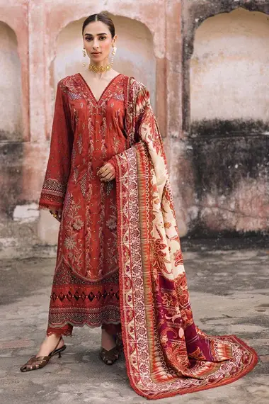 Unstitched Embroidered Linen Suit | NW-105 by NUREH, DarkOrange