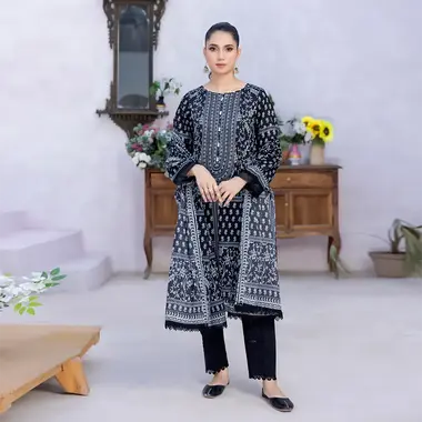 Unstitched Printed Lawn Suit by REGALIA TEXTILE, Black
