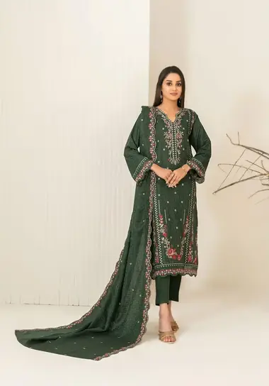 Stitched Embroidered Viscose Jacquard | D-5369 - Maeri by TAWAKKAL, DarkOliveGreen