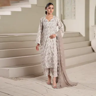 Unstitched Lawn PrintKari Vol-1 | PKV1-03 by REGALIA TEXTILE, LightGrey