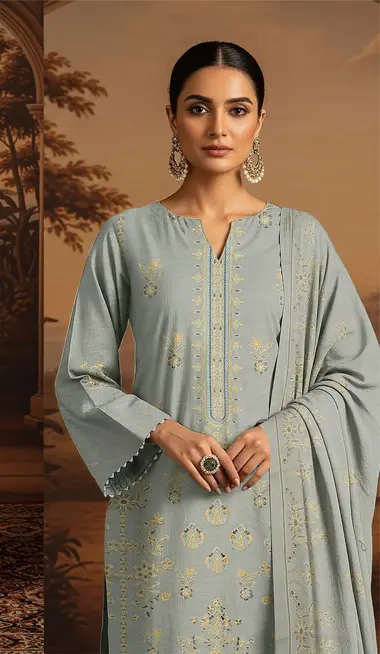 Unstitched Embroidered Dhanak  | D-02 by RANGOON, LightGrey