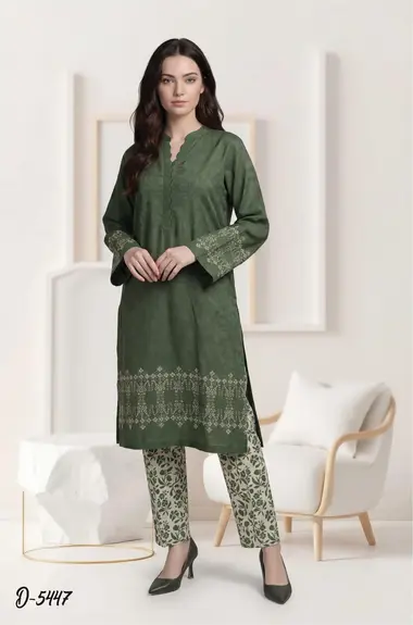 Gulzar Vol2 Stitched Staple Linen Collection | D-5447 by TAWAKKAL, DarkOliveGreen
